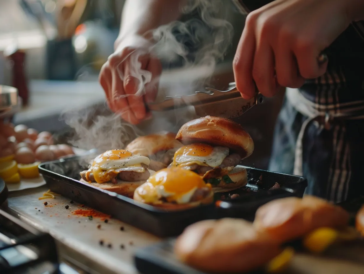 Hands Preparing Sausage and Eggs for Breakfast Sliders