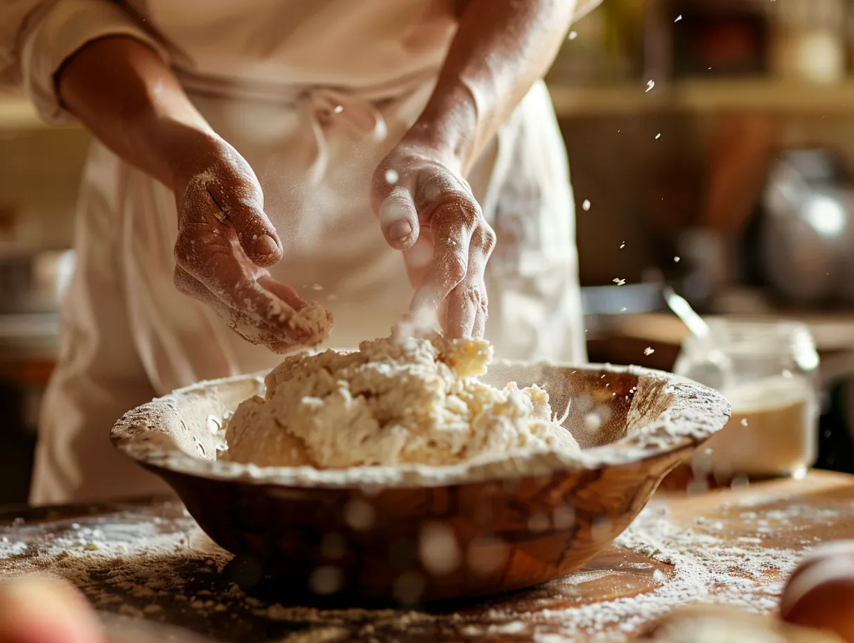Hands preparing southern peach bread