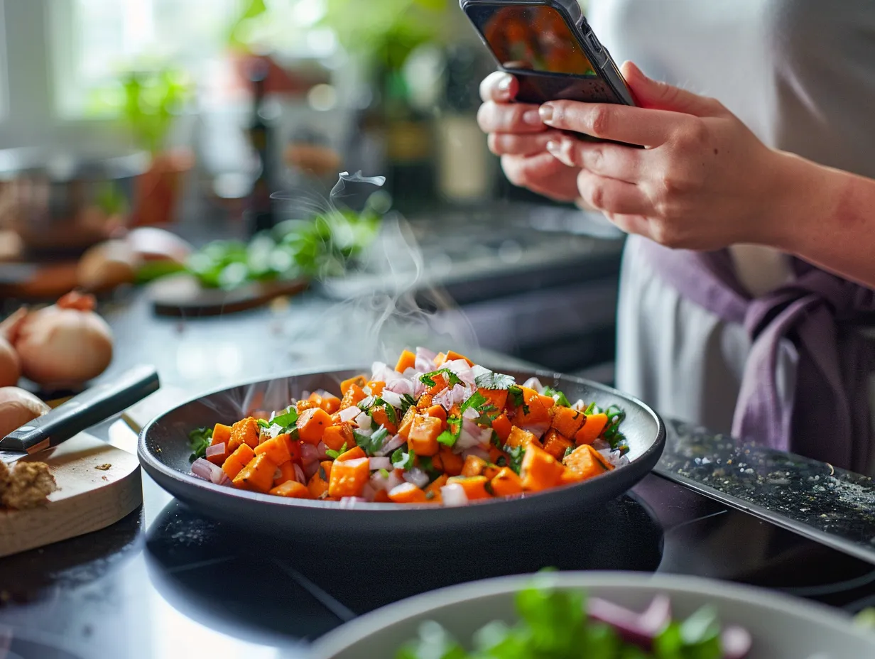 Hands preparing sweet potato taco bowl