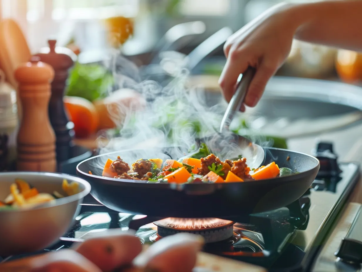 Hands preparing sweet potato zucchini ground beef skillet