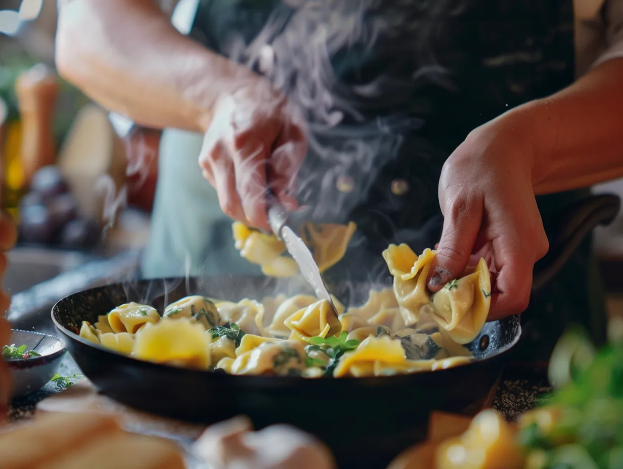 hands preparing tortellini dish