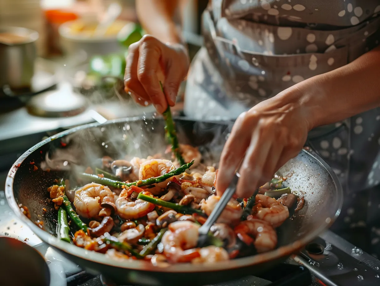 Hands stir frying shrimp and asparagus