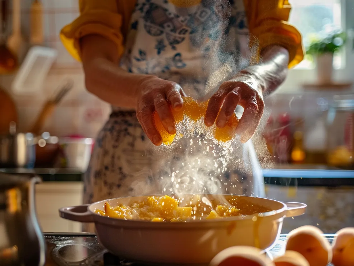 hands stirring apricot jam in pot