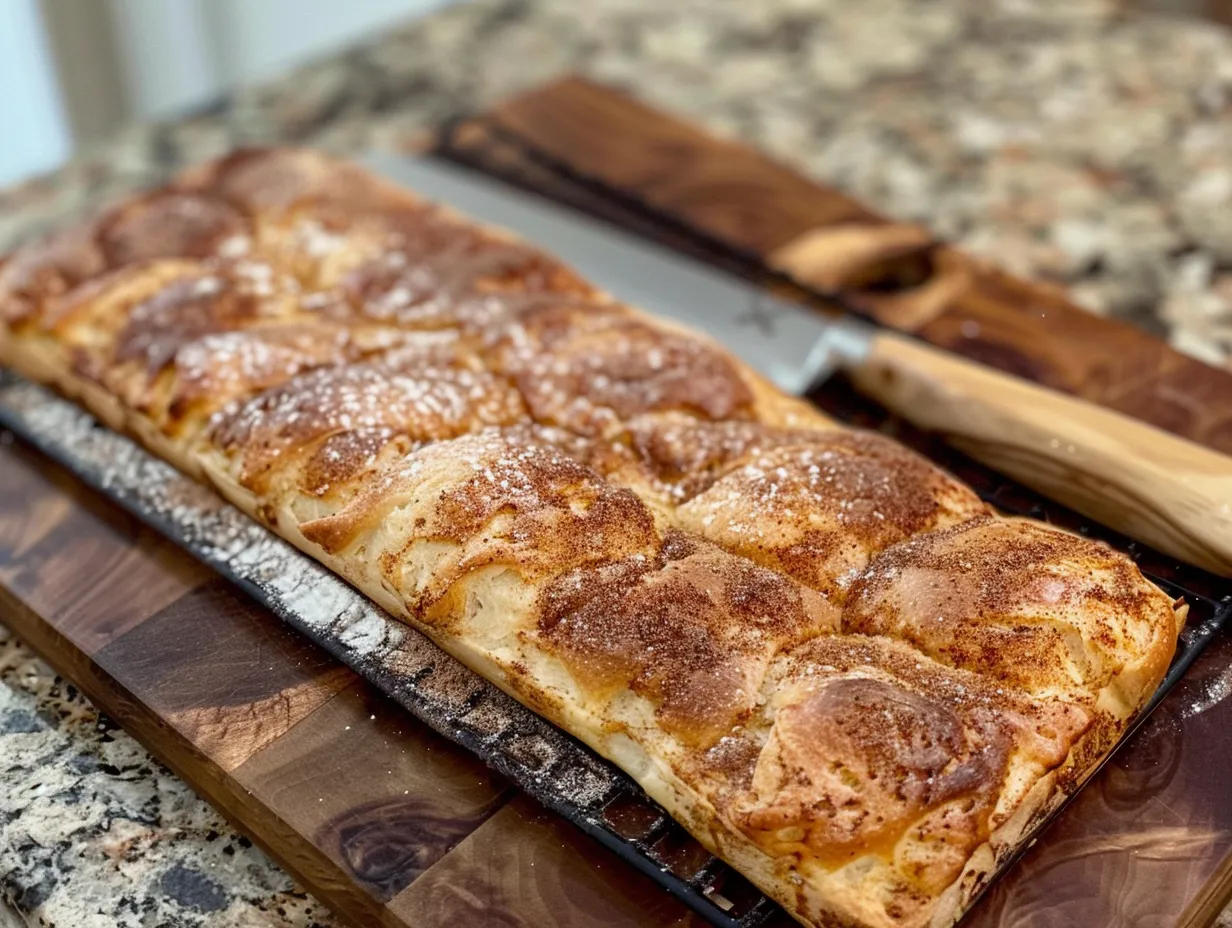 Homemade cinnamon focaccia on a cooling rack