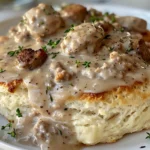 Homemade Drop Biscuits and Sausage Gravy on a Rustic Plate