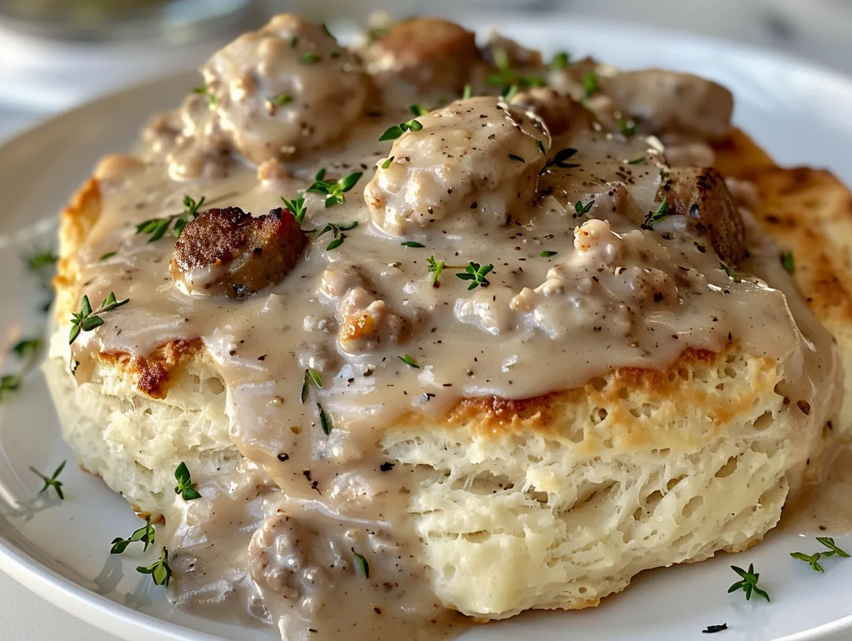 Homemade Drop Biscuits and Sausage Gravy on a Rustic Plate