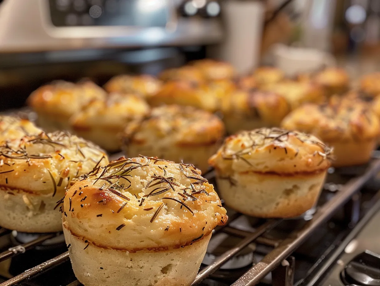 A freshly baked batch of golden crust garlic rosemary focaccia muffins arranged on a cooling rack, golden brown and perfectly puffed.