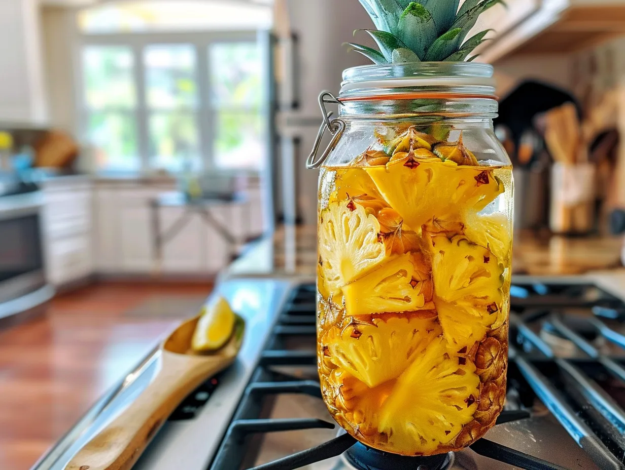 A glass pitcher filled with pineapple infused water and sliced fruit, ready to be served.