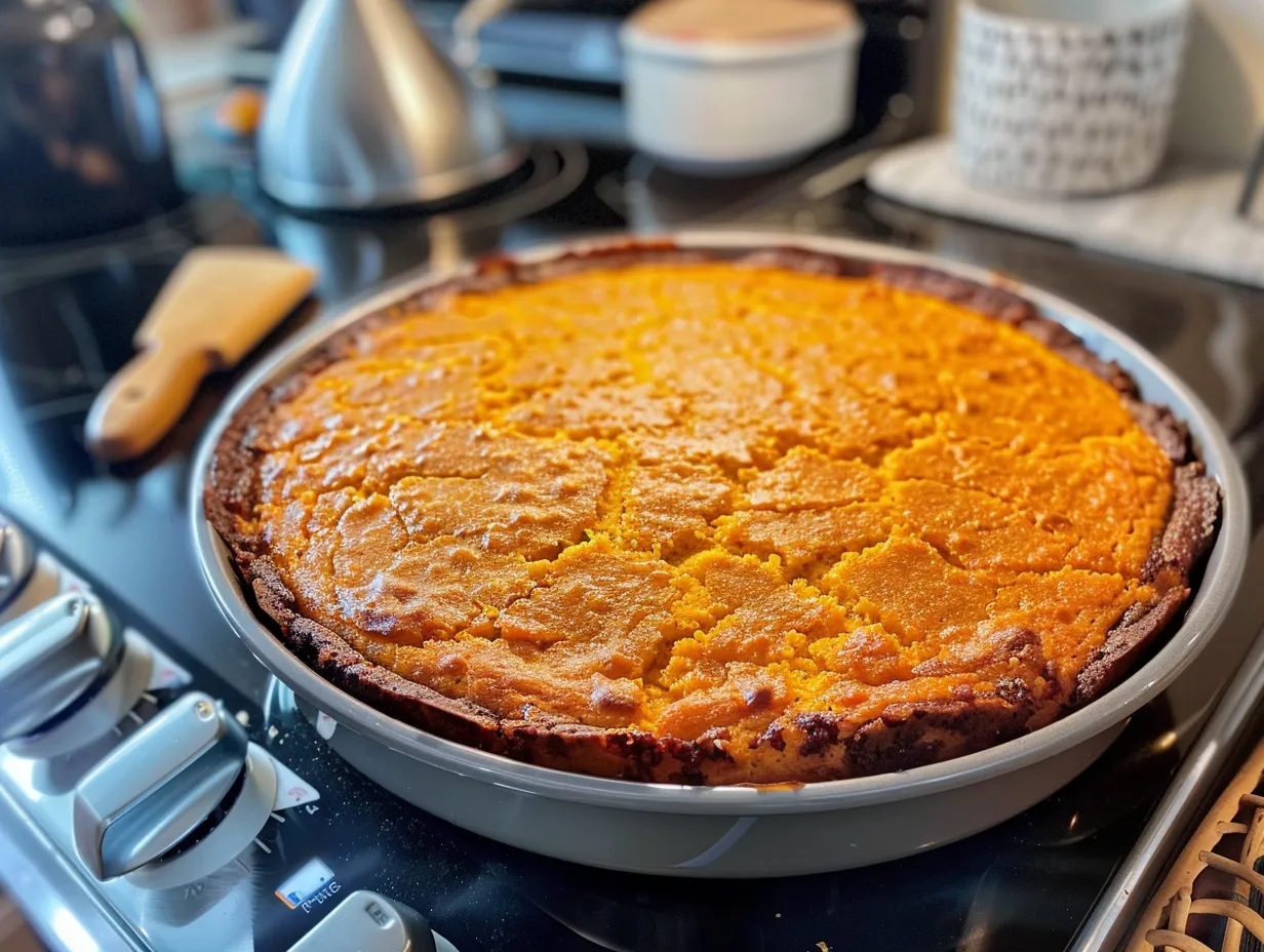 A perfectly baked loaf of homemade sweet potato cornbread, golden brown and sliced, ready to be served.