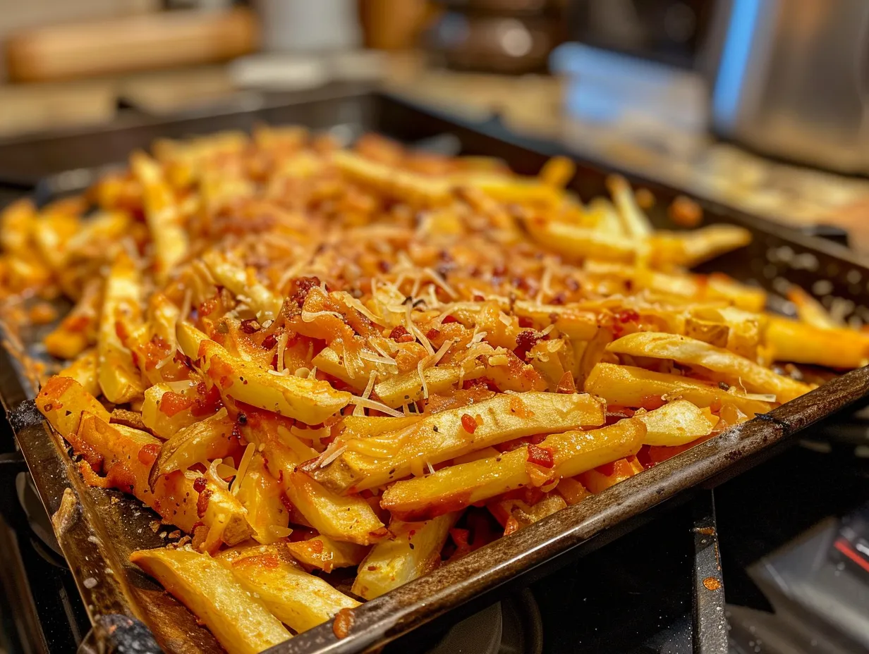 A perfectly prepared platter of Louisiana Voodoo Fries, generously covered with creamy sauce, spicy sausage, and fresh green onions, ready to be served.