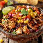 Honey Chipotle Chicken Bowls with Corn Salsa on a sunny picnic table