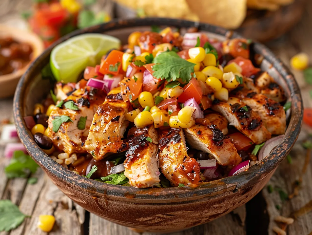 Honey Chipotle Chicken Bowls with Corn Salsa on a sunny picnic table