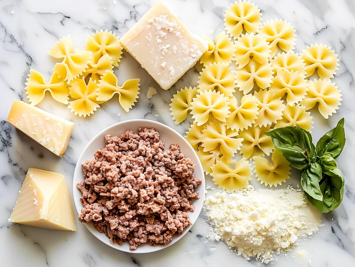 Ingredients for Cheesy Bowtie Pasta with Ground Beef