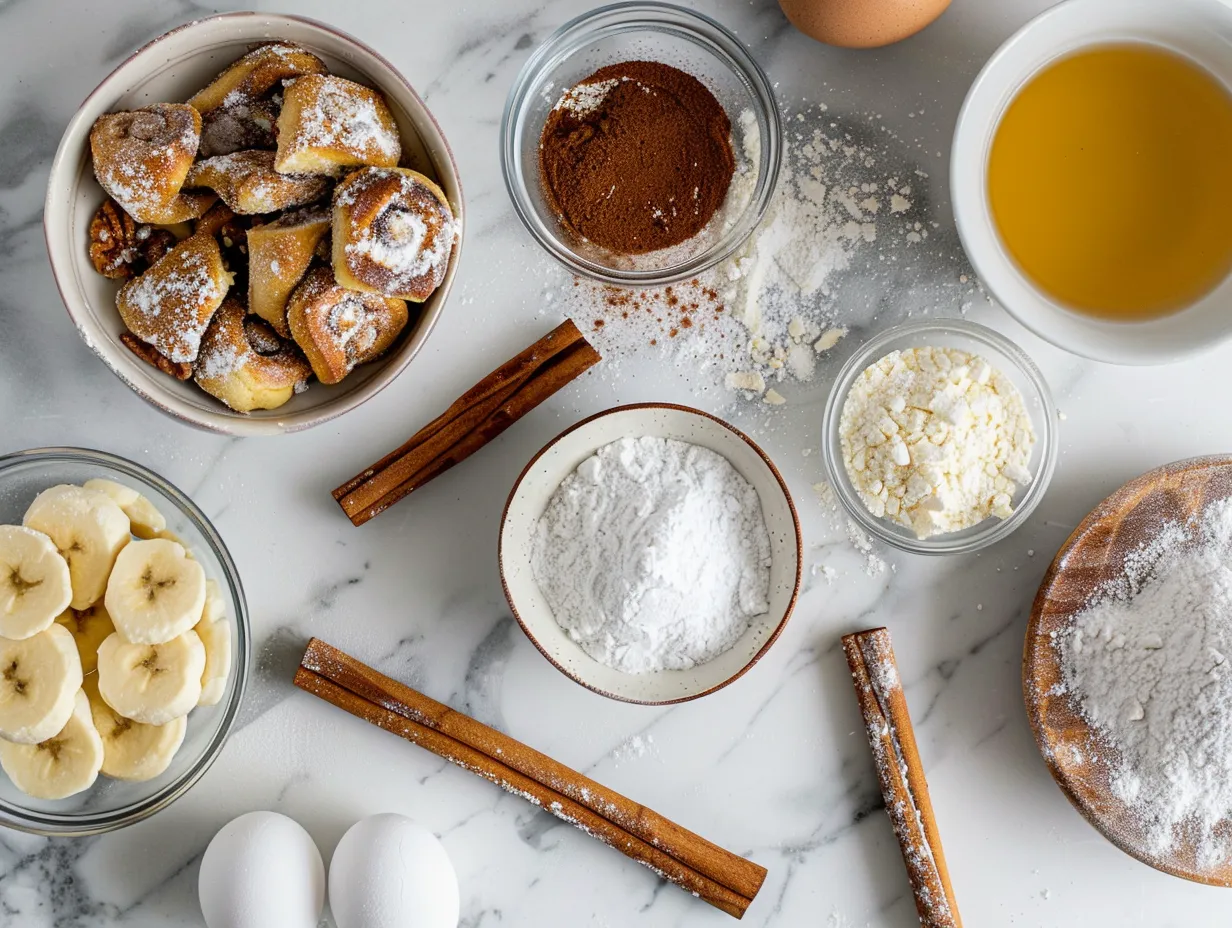 Ingredients for Cinnamon Roll French Toast Bites laid out on a kitchen counter, including cinnamon rolls, eggs, milk, vanilla, cinnamon, and butter.