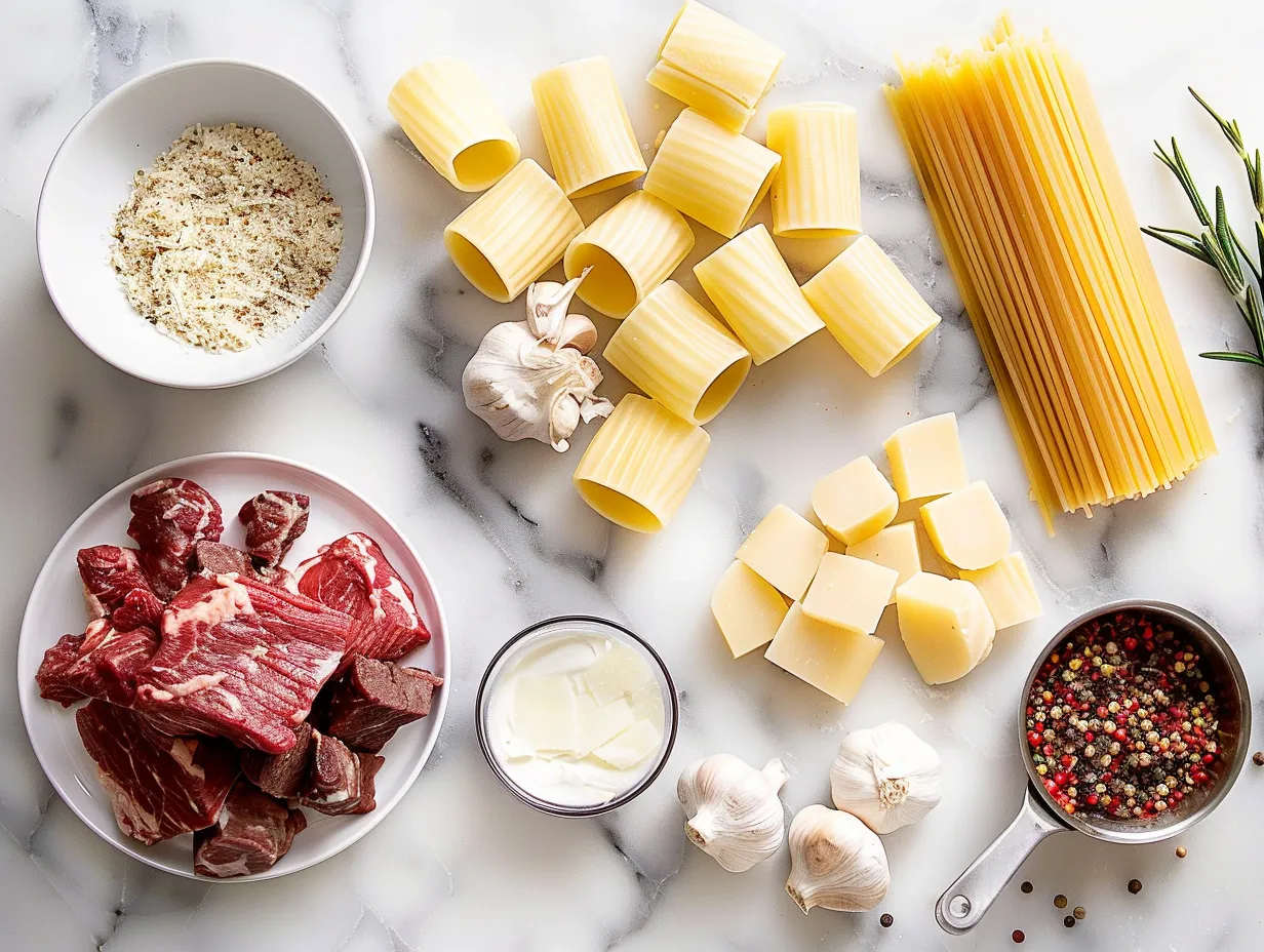 ingredients for creamy cheesy garlic butter rigatoni with savory beef