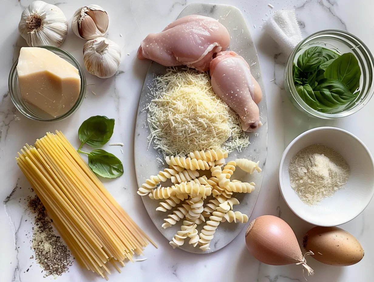 Ingredients for Creamy Garlic Parmesan Chicken with Cheesy Twisted Pasta