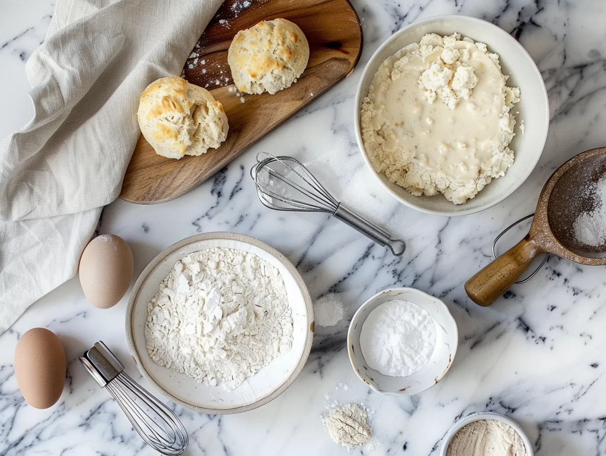 ingredients for homemade drop biscuits and sausage gravy on white marble
