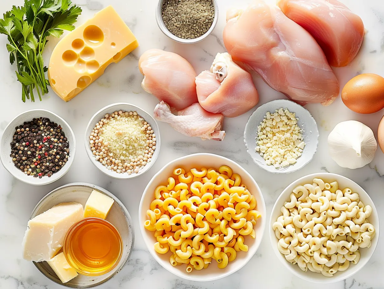 Variety of fresh ingredients laid out for making honey pepper chicken mac and cheese, including pasta, different cheeses, chicken, honey, and spices.