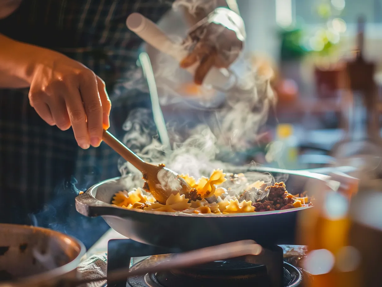 Instructions for Cheesy Bowtie Pasta with Ground Beef