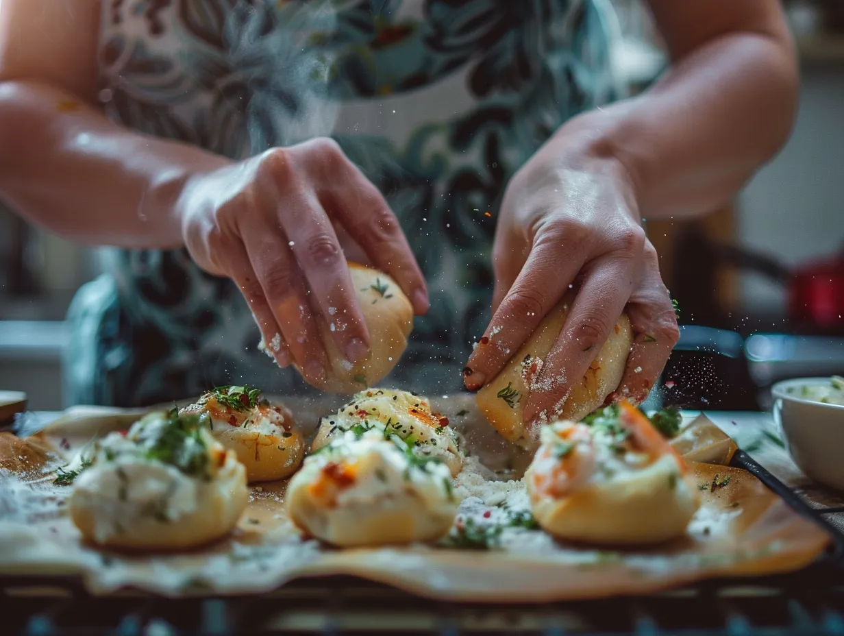 Making crabby shrimp stuffed garlic bread bombs
