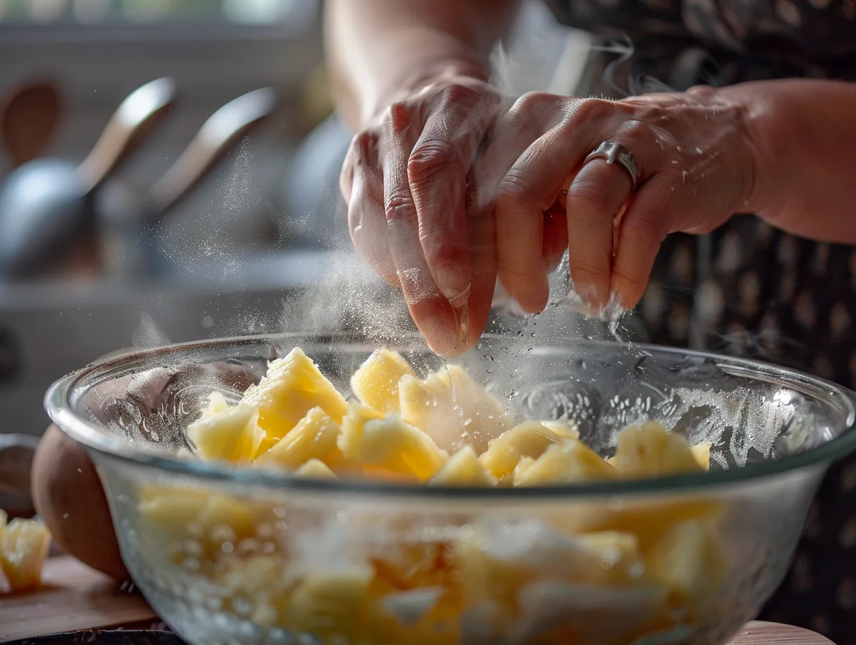 Hands slicing and preparing pineapple for infused water in a kitchen setting