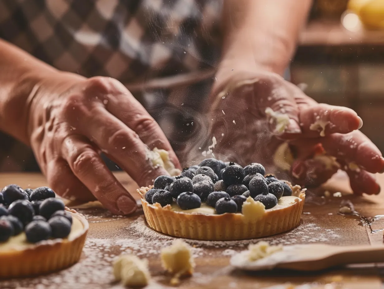 Preparing mini blueberry cheesecakes