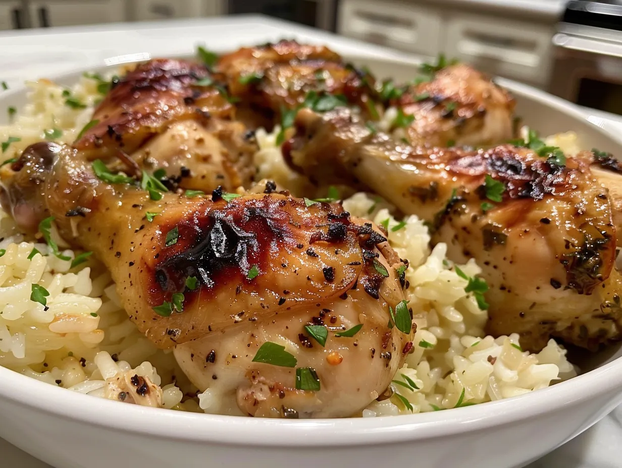 Oven-Baked Chicken Legs and Rice Dish on a Rustic Table