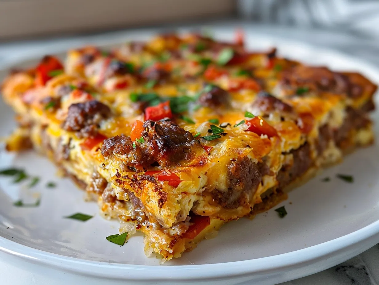 Overhead Shot of Delicious Easy Sausage Breakfast Casserole