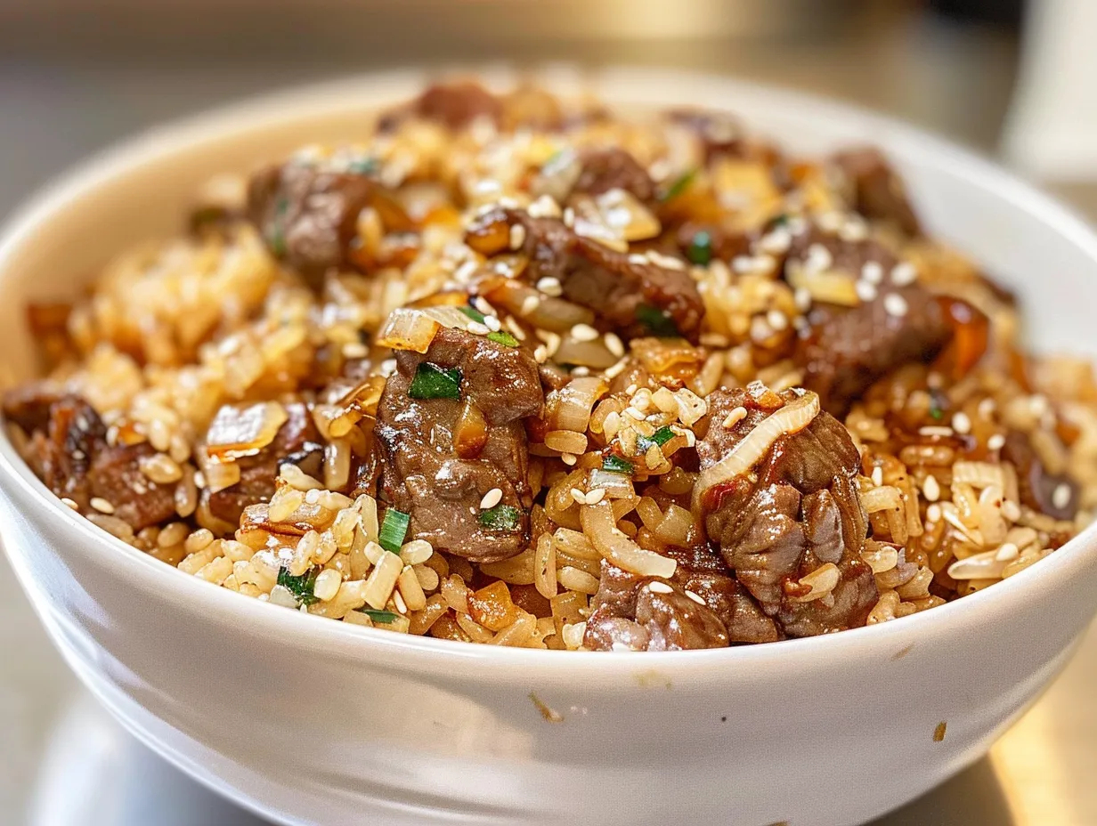 Overhead view of a bowl of onion beef fried rice