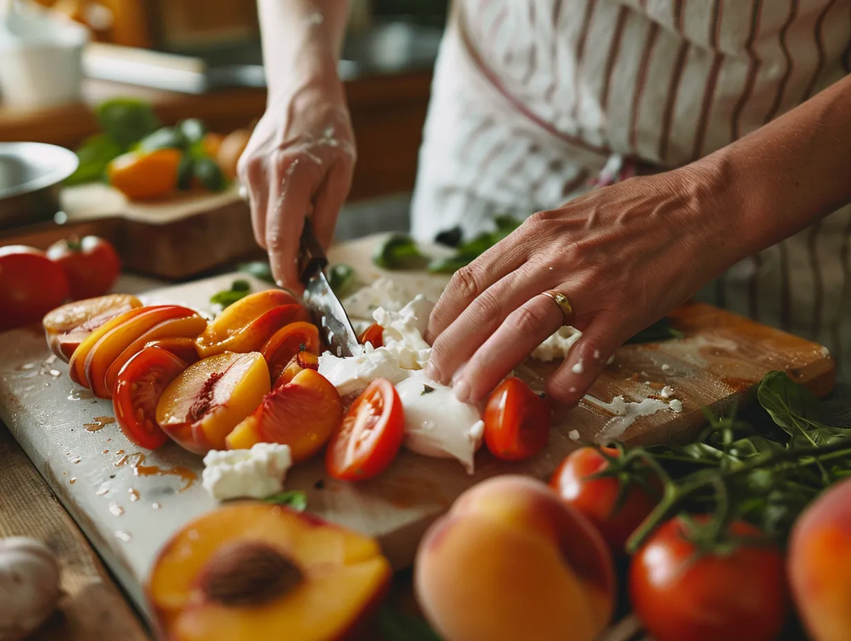 Assembling the Peach Caprese Salad with Burrata