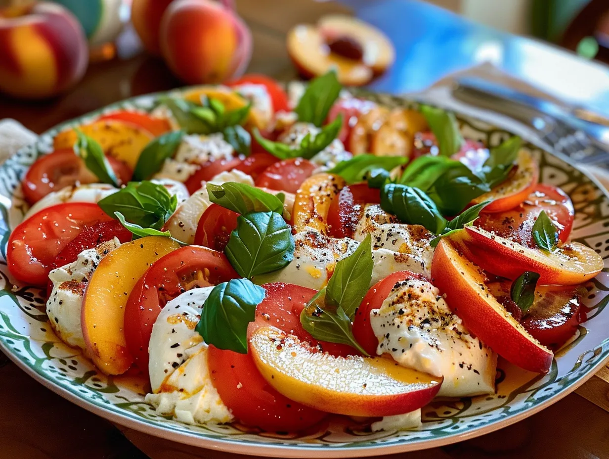 Finished Peach Caprese Salad with Burrata