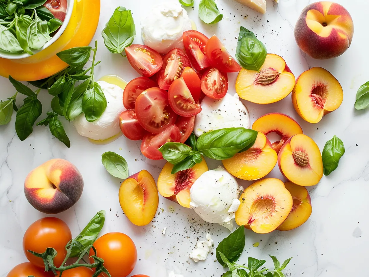 Ingredients for Peach Caprese Salad with Burrata