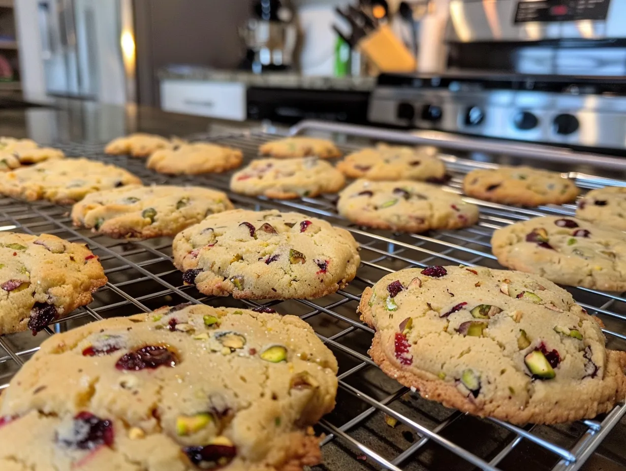 Perfectly baked cranberry pistachio shortbread cookies ready to serve