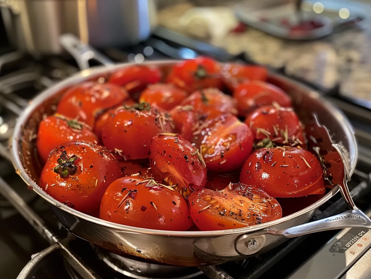 A bowl of perfectly marinated tomatoes garnished with fresh basil