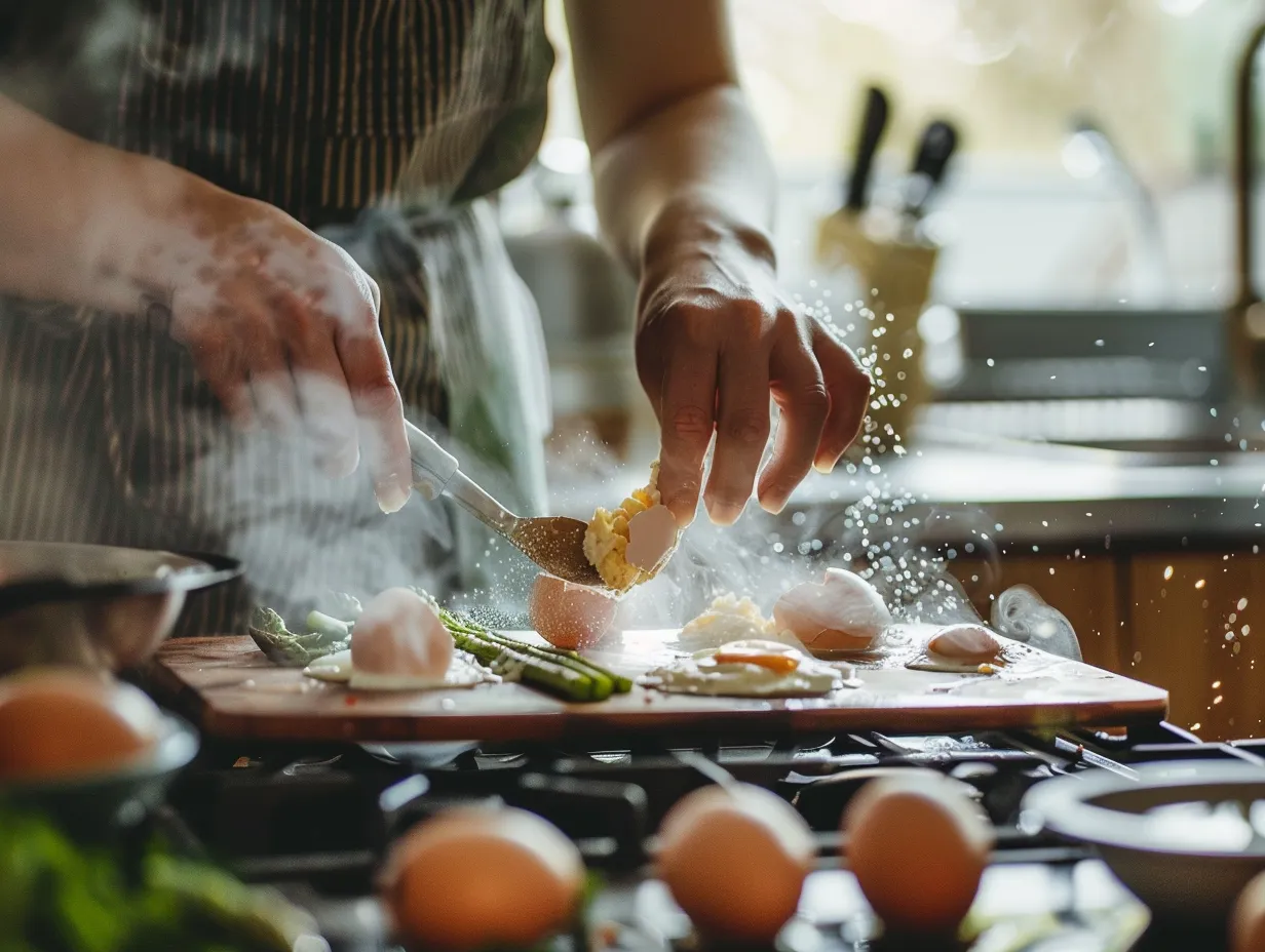 Preparing baked eggs with asparagus in the kitchen