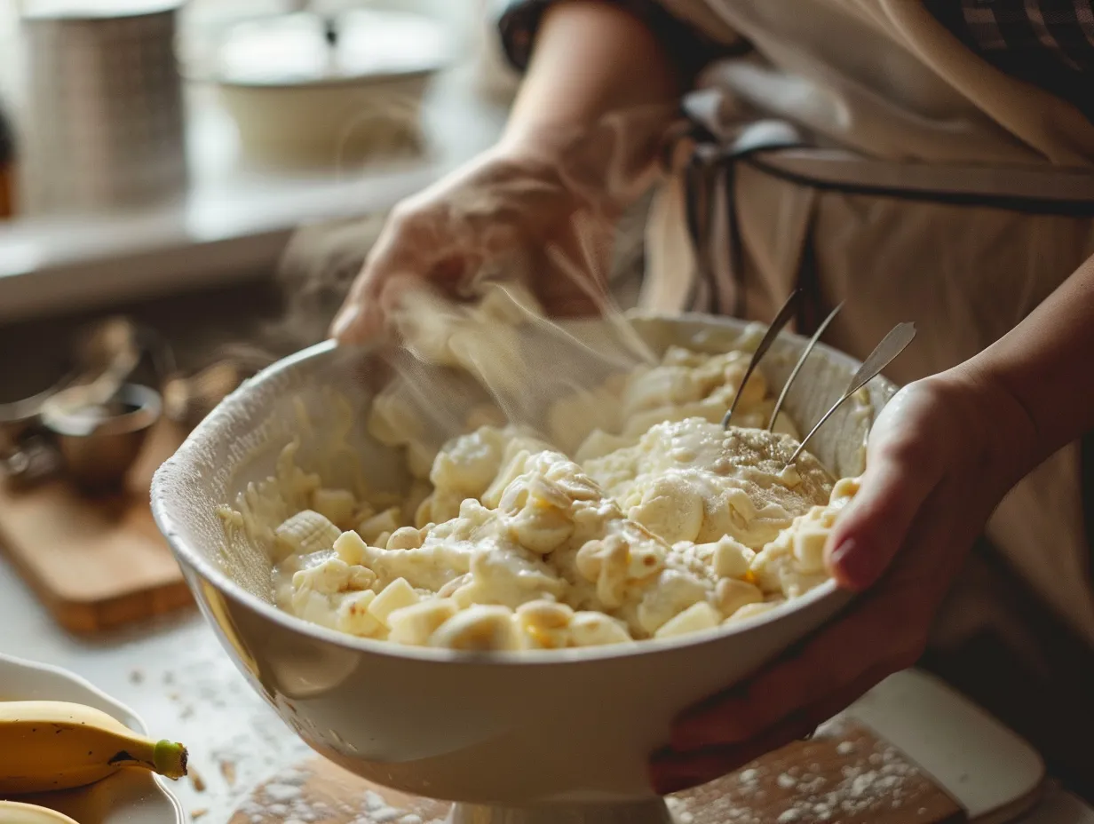 Preparing banana pudding poke cake