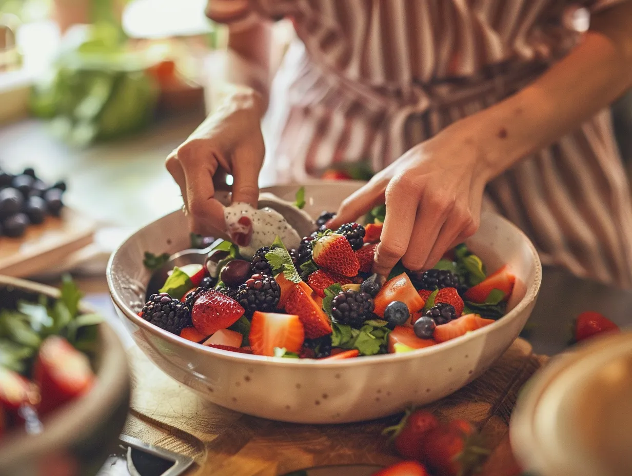 Preparing Berry Salad With Yogurt Dressing