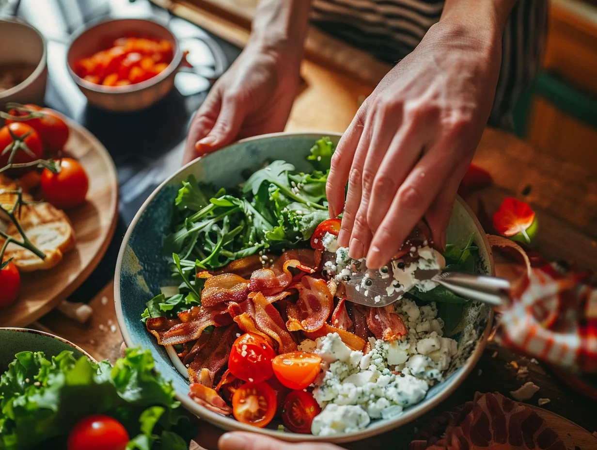 Preparing BLT cottage cheese bowl