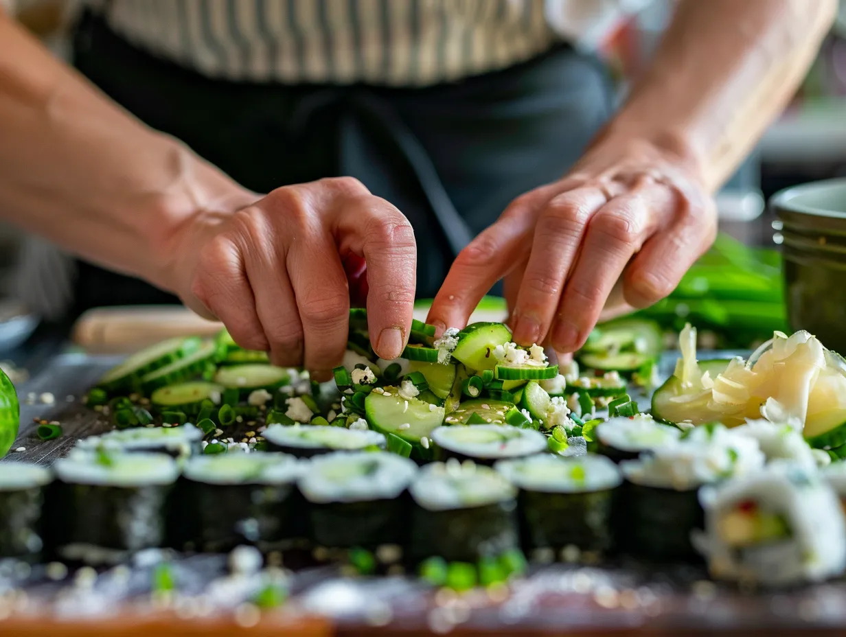 preparing california roll cucumber salad