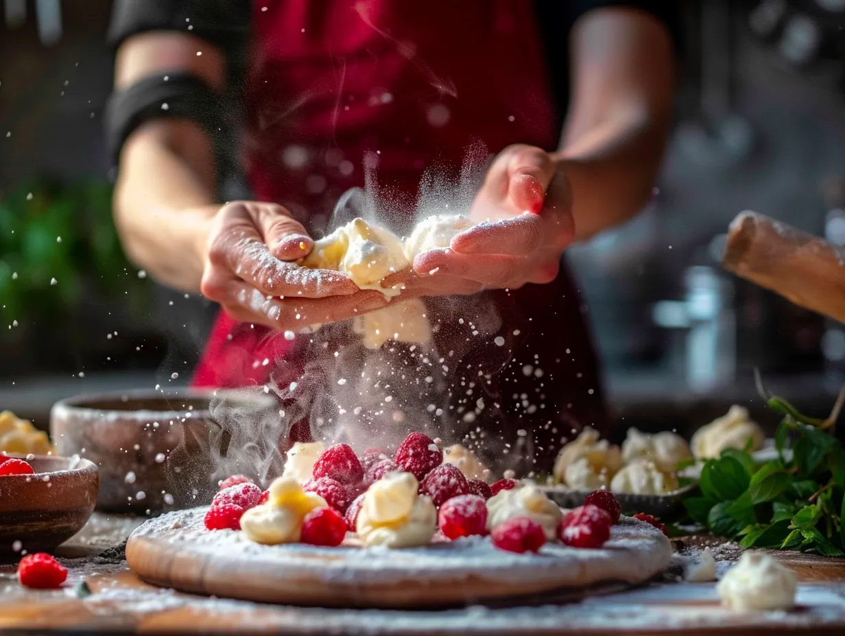 Preparing cheesecake raspberry bites in the kitchen