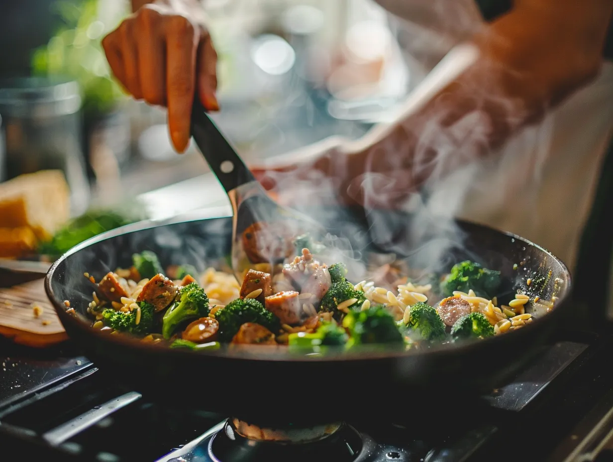 Preparing Chicken Sausage Broccoli Orzo Skillet
