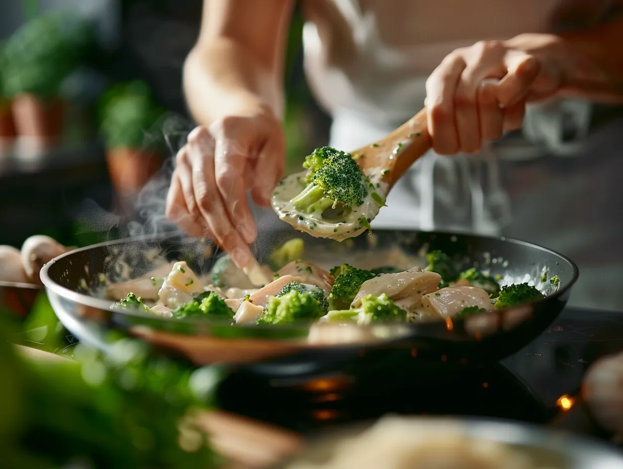 preparing creamy broccoli and chicken penne