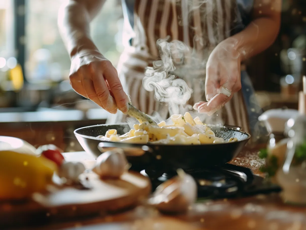 preparing creamy cheesy garlic butter rigatoni with savory beef