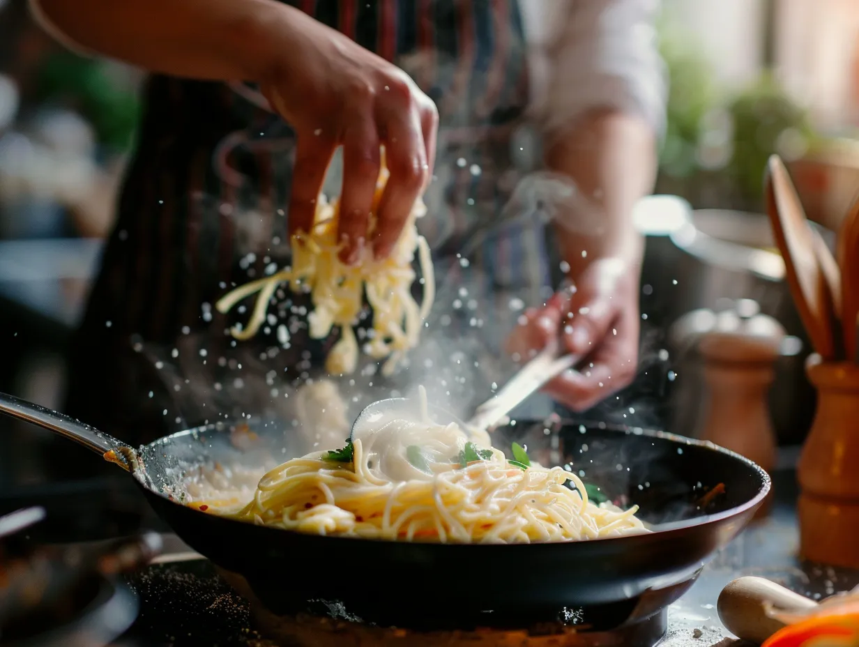 preparing creamy chicken buttered noodles
