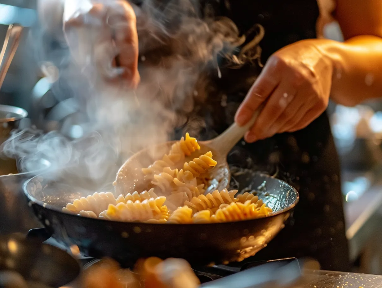 Preparing garlic butter chicken and cheesy cajun rotini