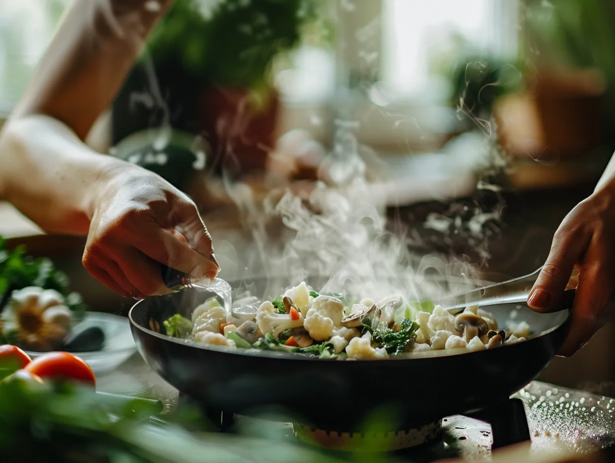 Preparing Garlic Mushrooms Cauliflower Skillet in Kitchen