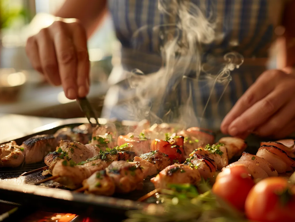 Preparing Greek Chicken Souvlaki in the Kitchen