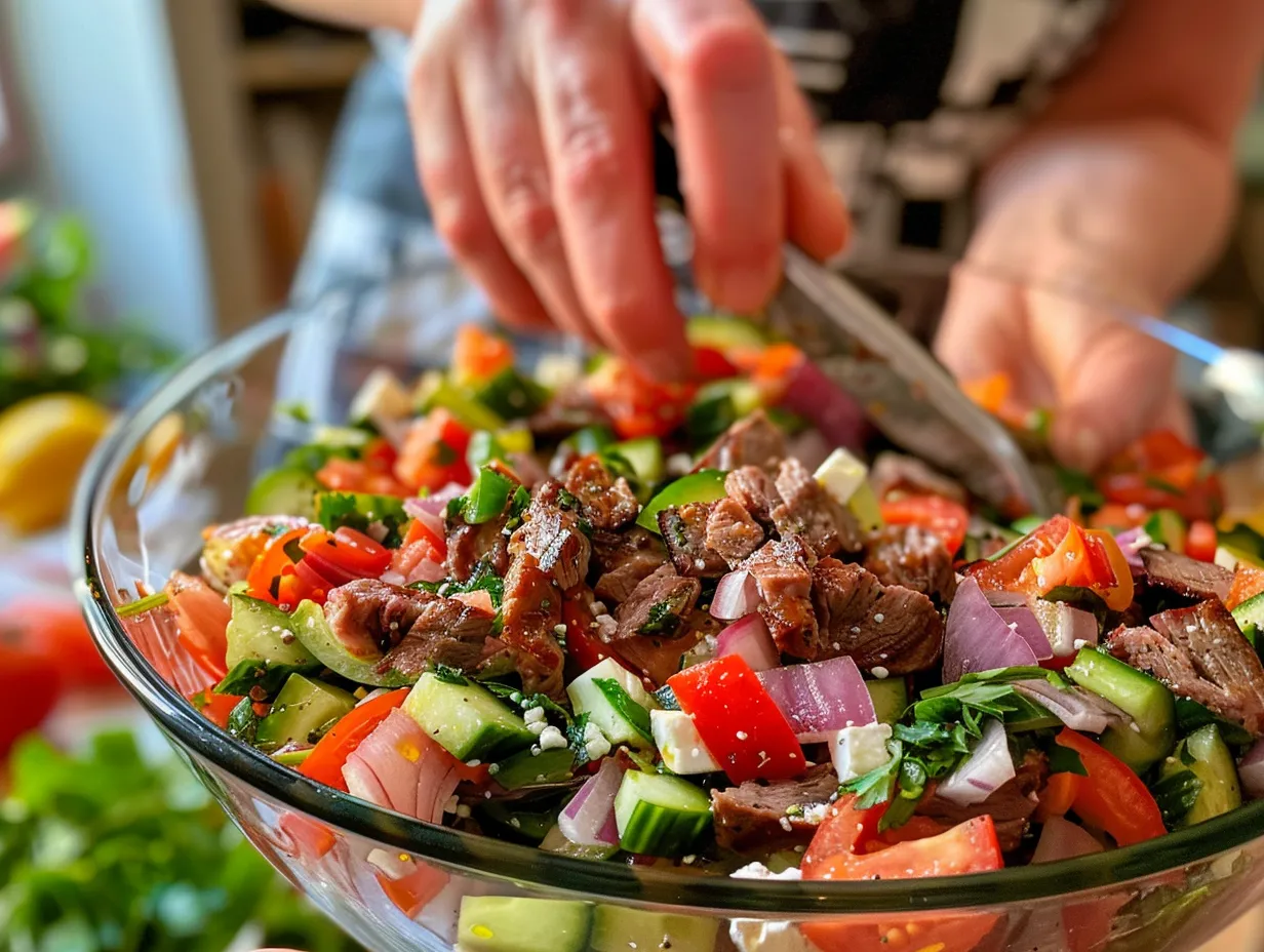 Preparing Greek Salad with Meat