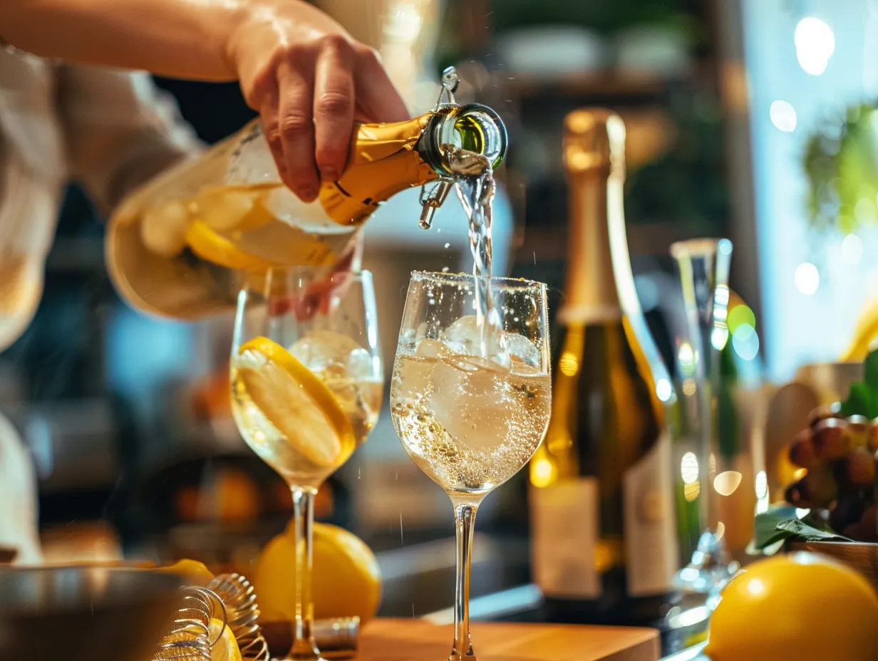 Preparing limoncello spritz with prosecco