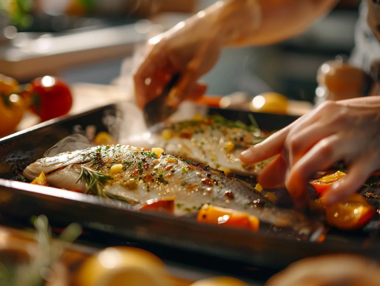 preparing mediterranean baked fish